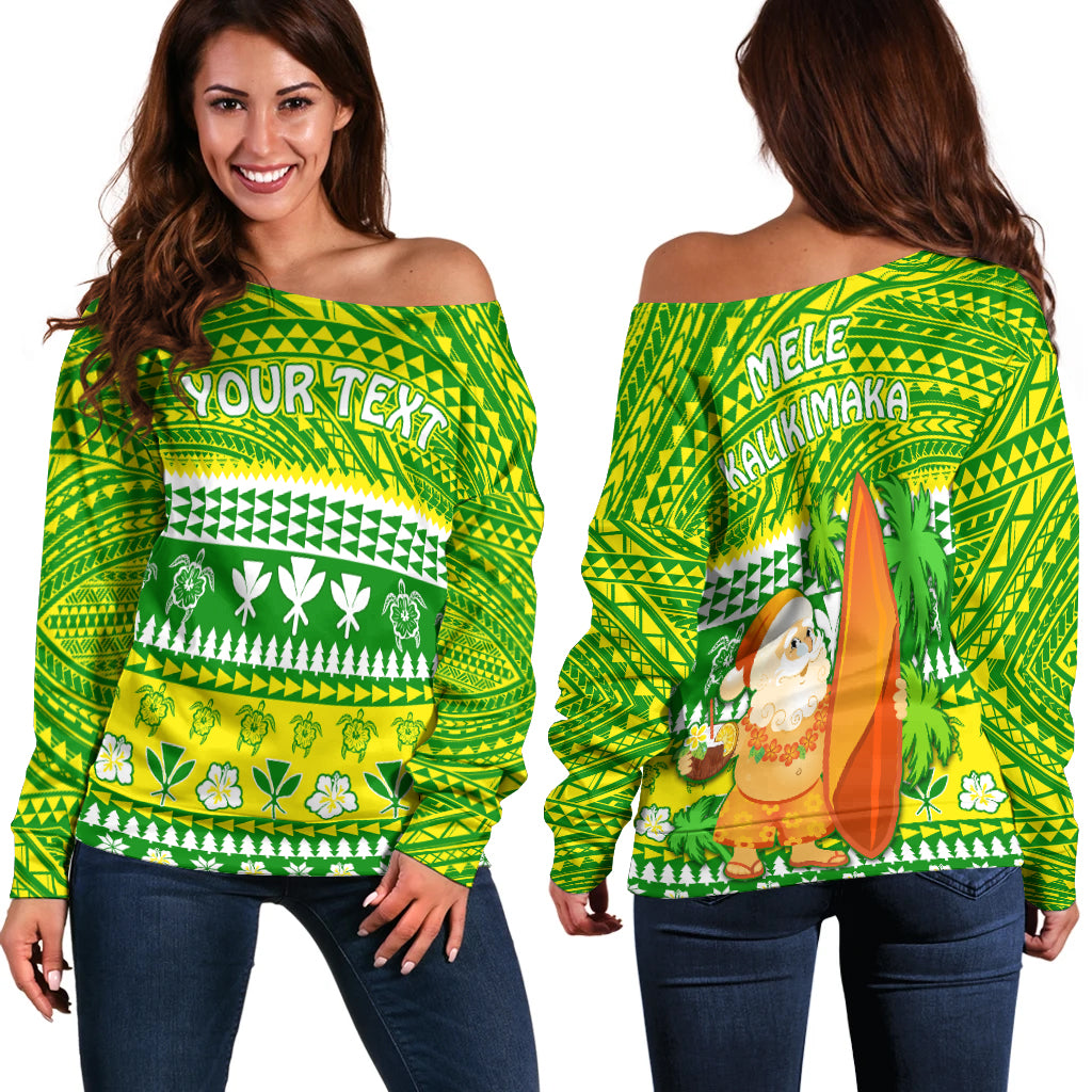 (Custom Personalised) Hawaii Christmas Off Shoulder Sweater Polynesian Mele Kalikimaka Santa Claus LT13 Green - Polynesian Pride