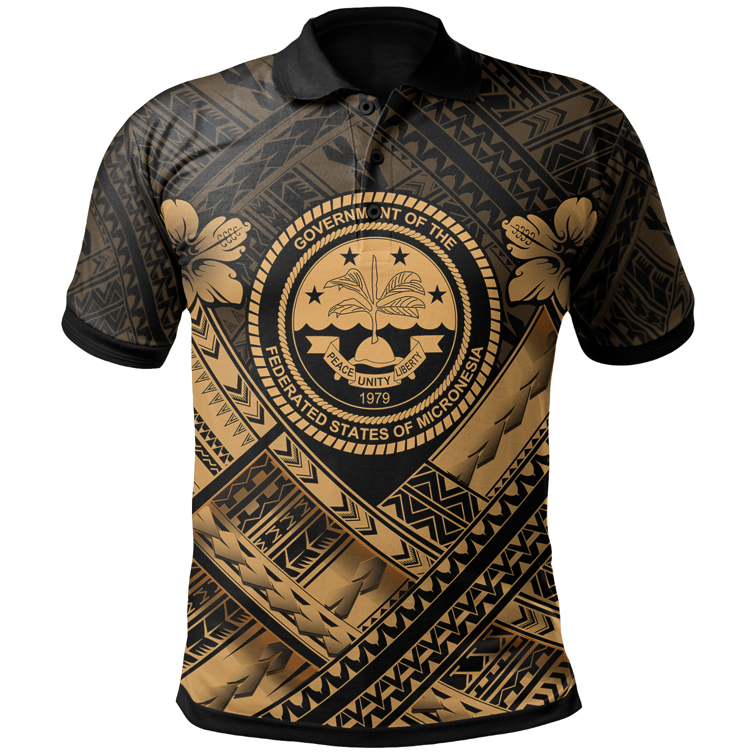 Federated States of Micronesia Polynesian Polo Shirt FSM Gold Seal Camisole Hibiscus Style Unisex Black - Polynesian Pride