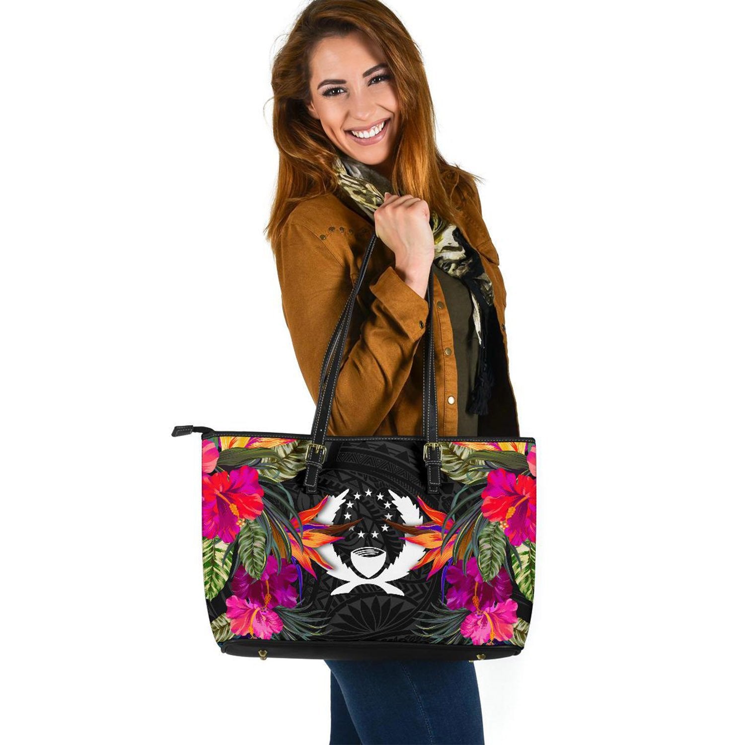 Pohnpei Large Leather Tote - Polynesian Hibiscus Pattern Black - Polynesian Pride