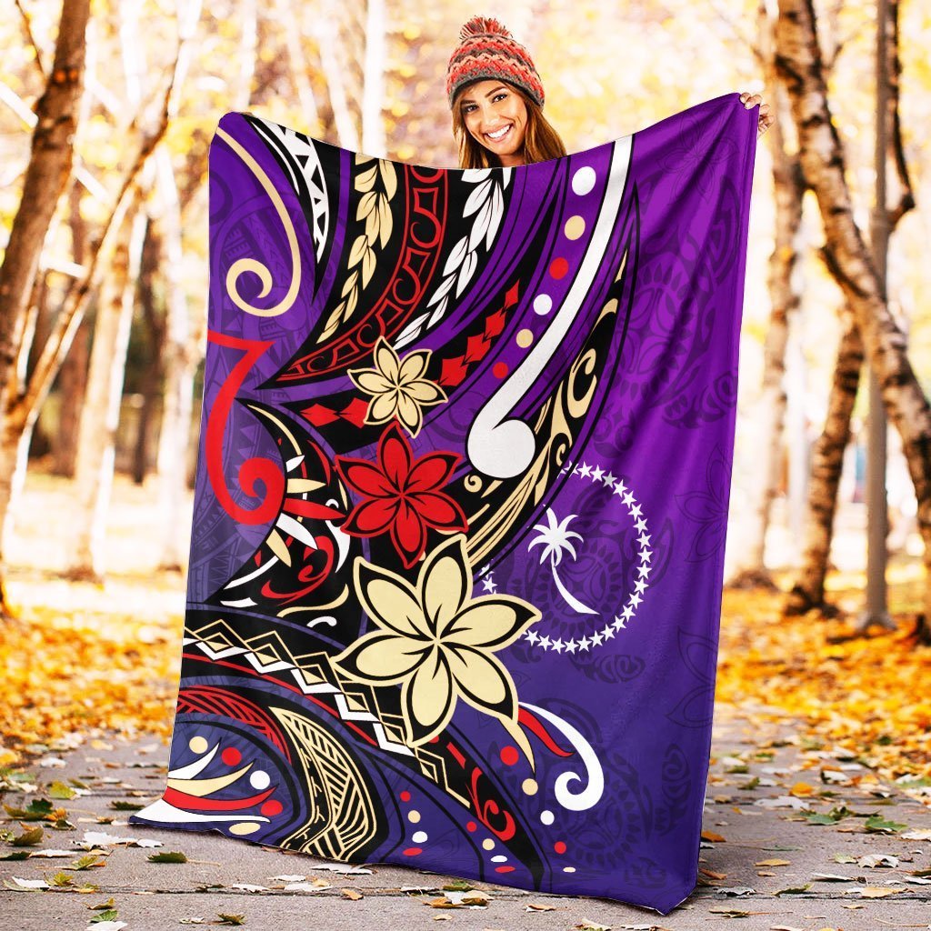 Chuuk State Premium Blanket - Tribal Flower With Special Turtles Purple Color - Polynesian Pride