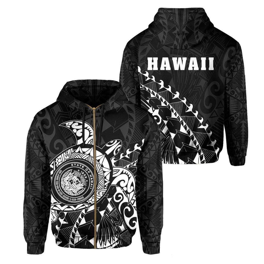 Hawaii Coat of Arms Zipper Hoodie (White) Turtle Style Unisex Art - Polynesian Pride