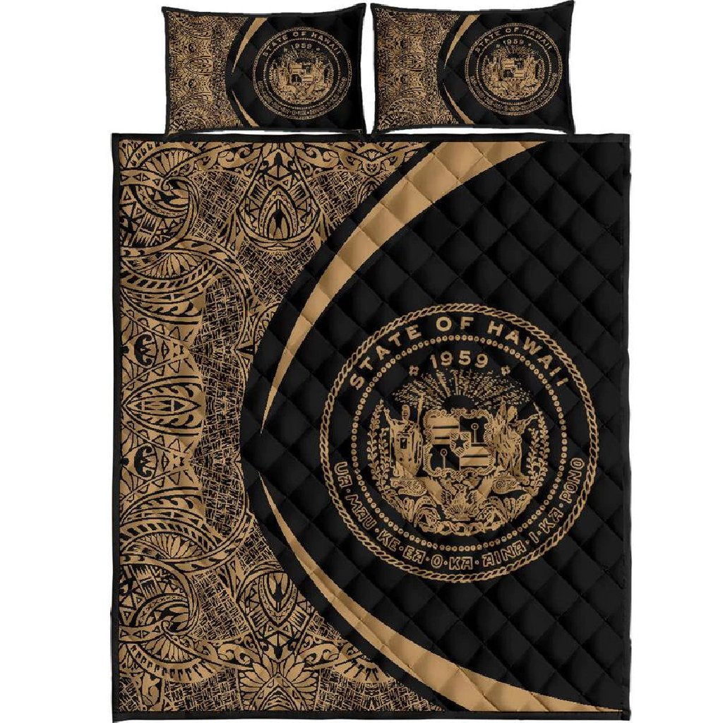 Hawaii Coat Of Arms Polynesian Quilt Bed Set - Circle Style Gold Black - Polynesian Pride
