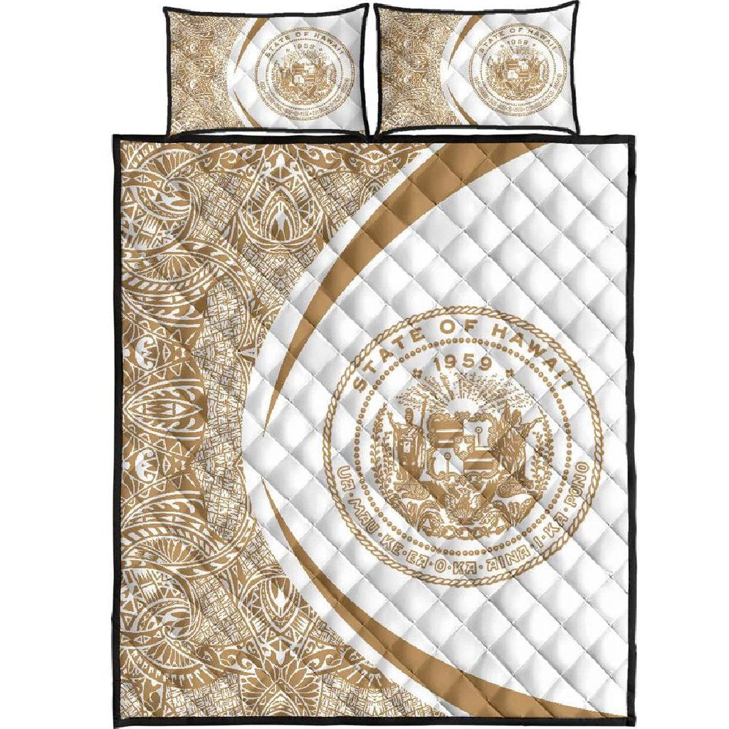 Hawaii Coat Of Arms Polynesian Quilt Bed Set - Circle Style Gold And White Black - Polynesian Pride