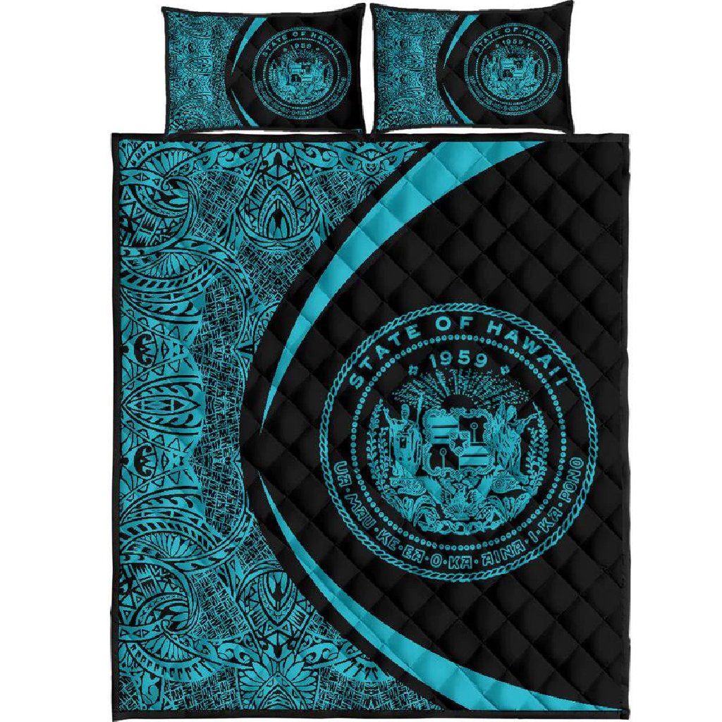 Hawaii Coat Of Arms Polynesian Quilt Bed Set - Circle Style Blue Black - Polynesian Pride