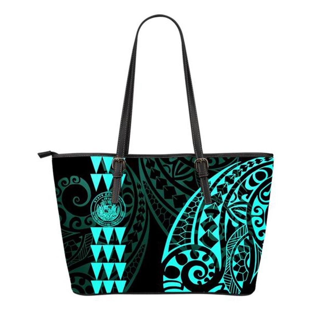 Hawaii Coat of Arms Turquoise Small Leather Tote Turquoise - Polynesian Pride