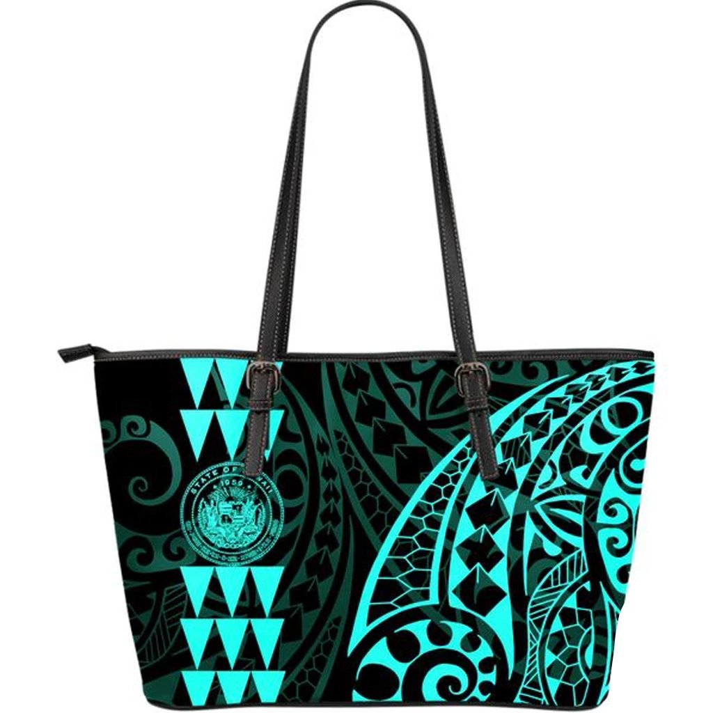 Coat of Arm Polynesian Turquoise Large Leather Tote Turquoise - Polynesian Pride