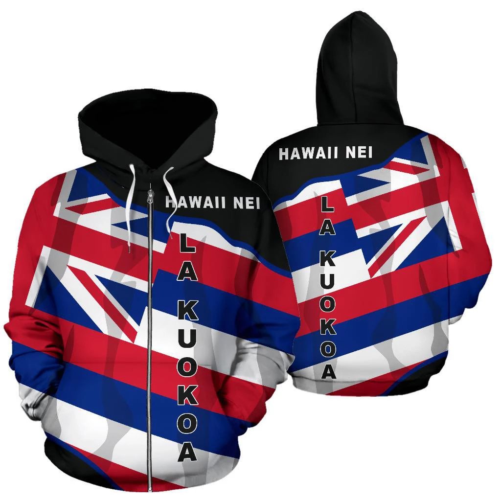 Hawaii Lakuokoa Flag Zip up Hoodie Unisex Blue & Red - Polynesian Pride