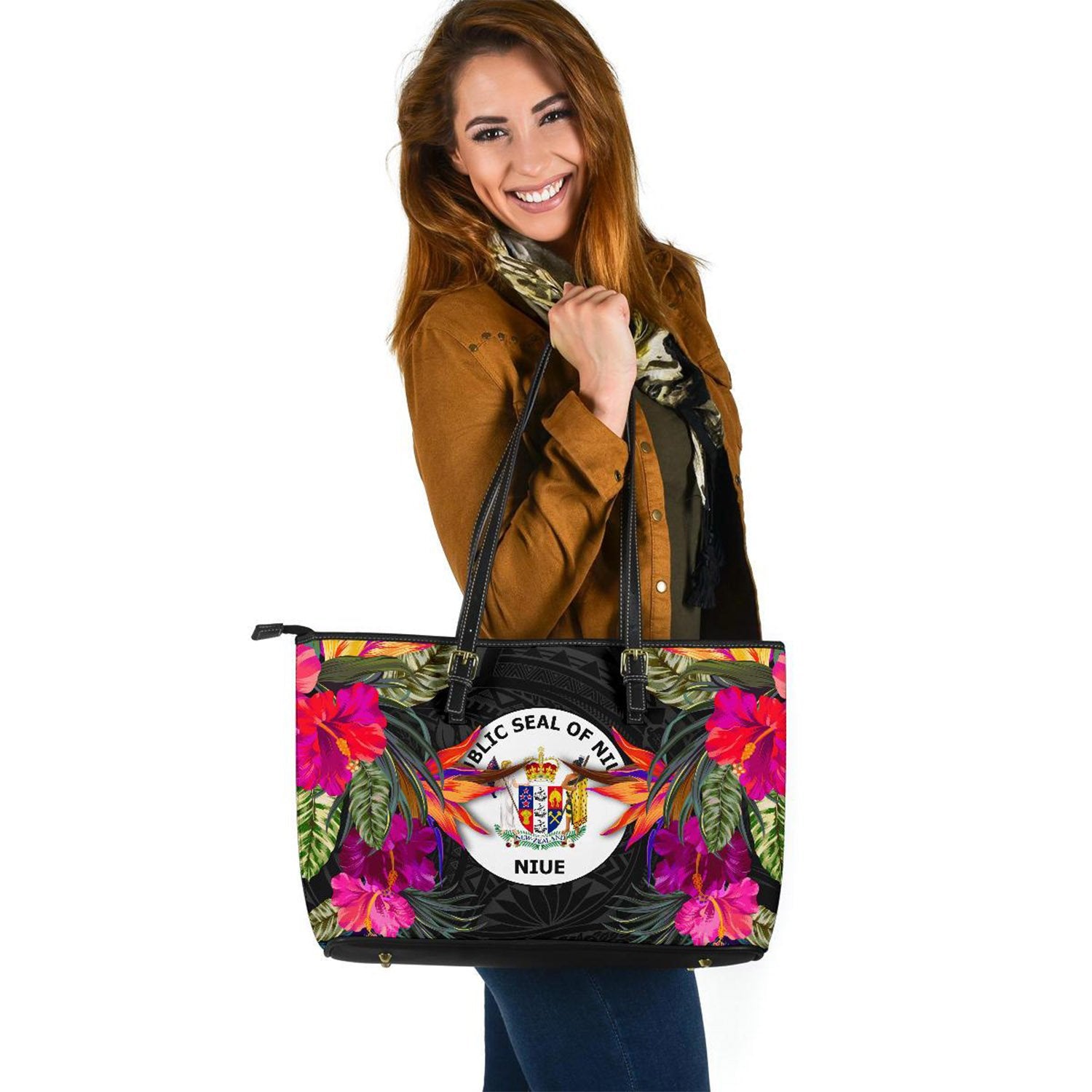 Niue Large Leather Tote - Polynesian Hibiscus Pattern Black - Polynesian Pride