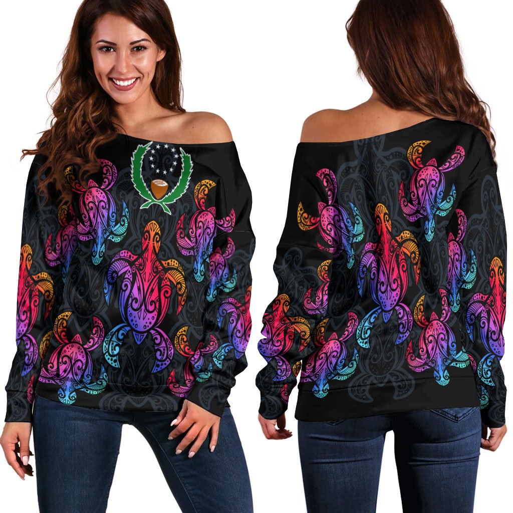 Pohnpei Women's Off Shoulder Sweaters - Sea Turtle In Tribal Polynesian Style Black - Polynesian Pride