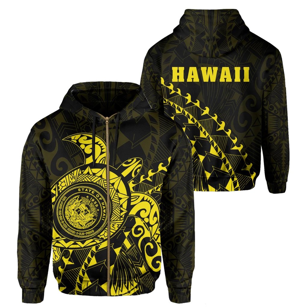 Hawaii Coat of Arms Zipper Hoodie (Yelllow) Turtle Style Unisex Art - Polynesian Pride