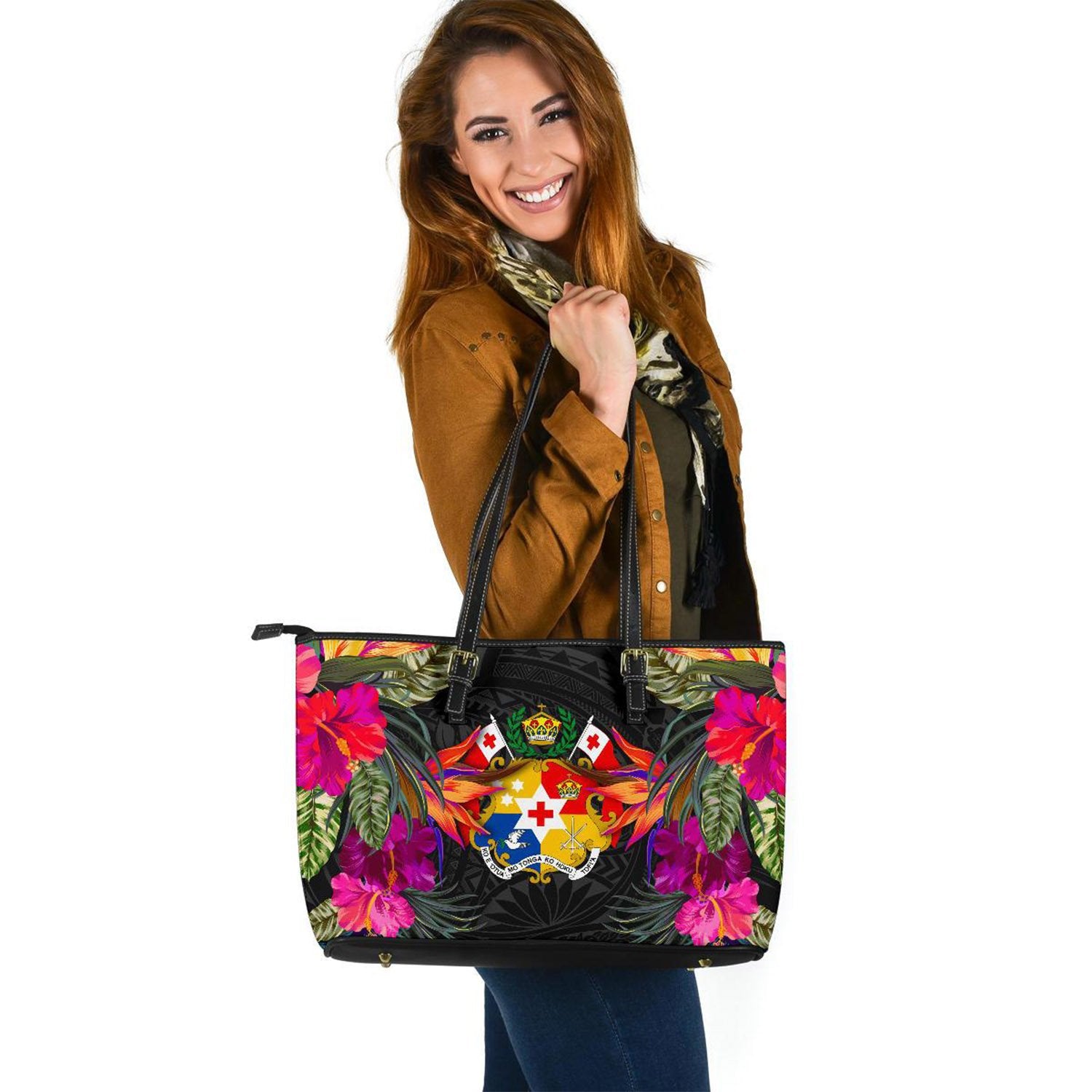 Tonga Large Leather Tote - Polynesian Hibiscus Pattern Black - Polynesian Pride