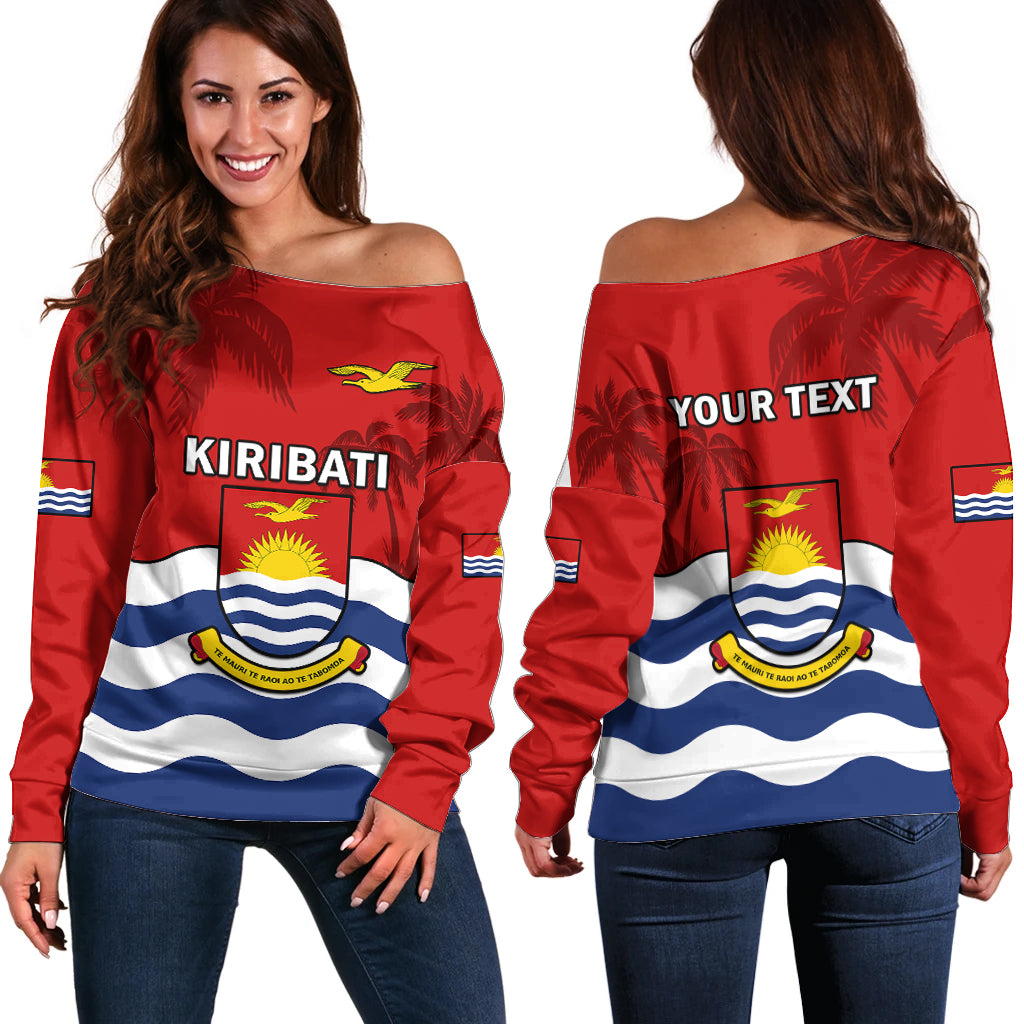 (Custom Personalised) Ribaberiki Kiribati Coat Of Arms Mix Palm Trees Off Shoulder Sweater LT14 Women Red - Polynesian Pride