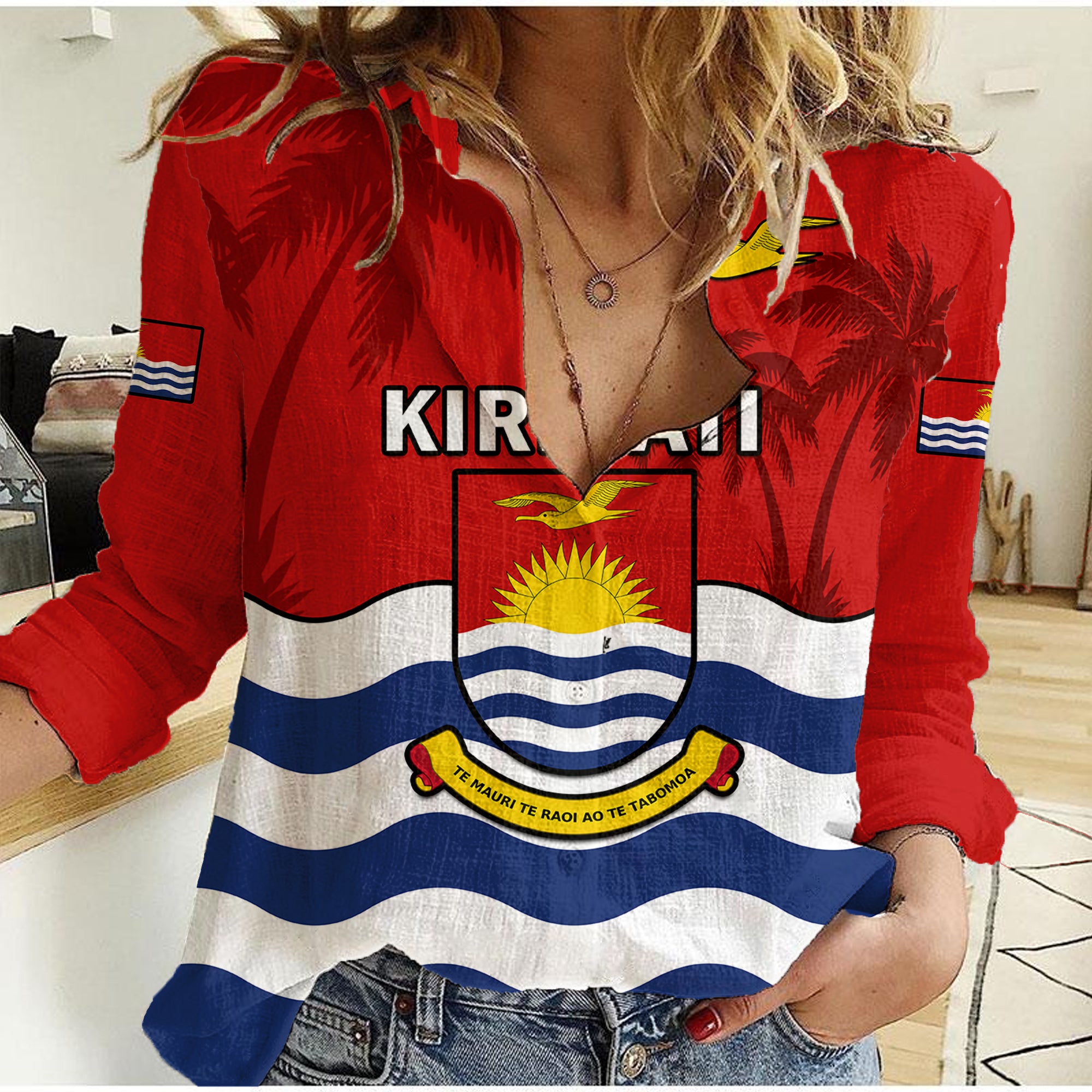 (Custom Personalised) Ribaberiki Kiribati Coat Of Arms Mix Palm Trees Women Casual Shirt LT14 Female Red - Polynesian Pride