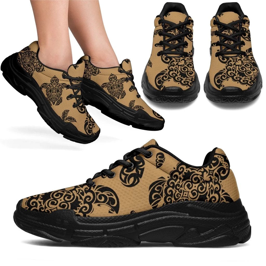 Polynesian Turtle Palm And Sea Pebbles Gold Chunky Sneakers - Polynesian Pride