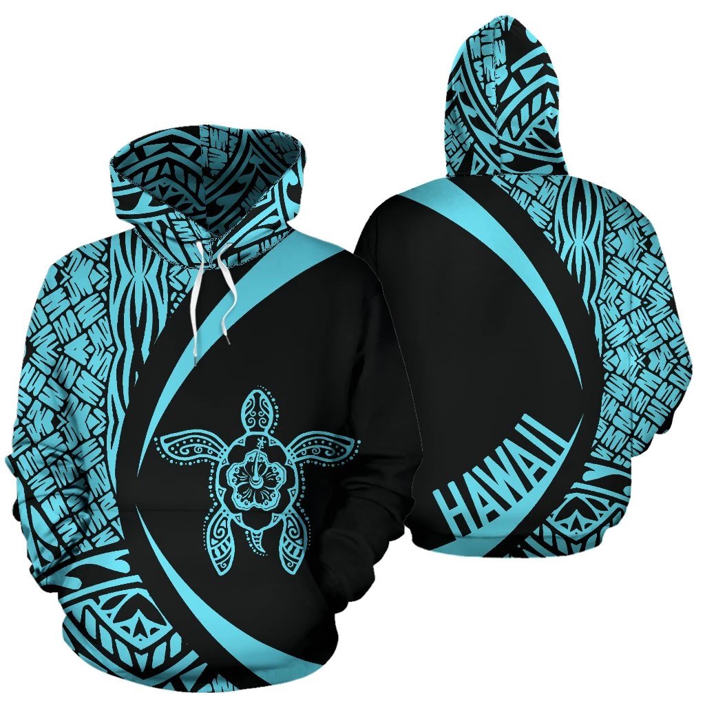 Hawaii Turtle Polynesian Hoodie Circle Style Blue Color Unisex White - Polynesian Pride