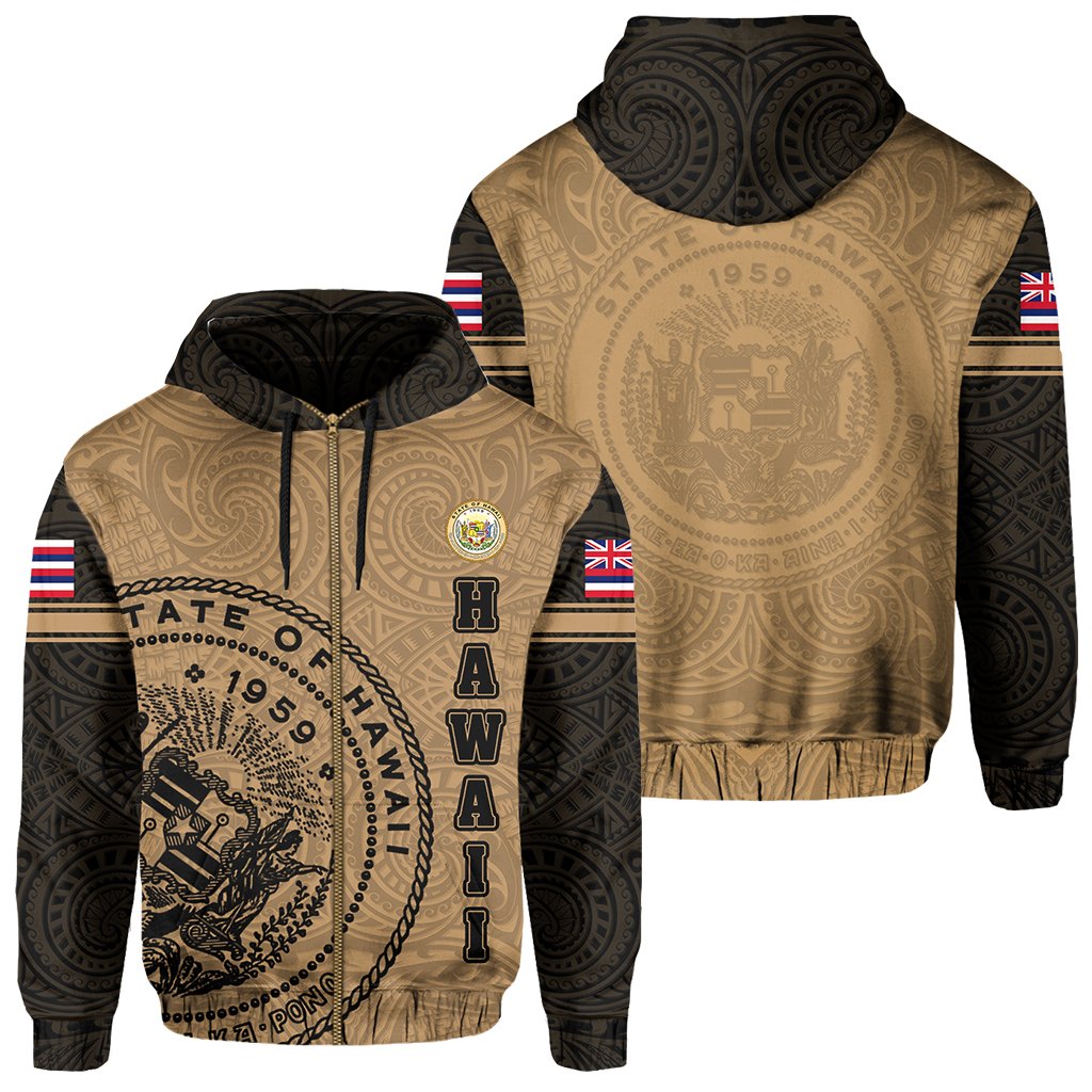 Polynesian Flag Seal of Hawaii Zip Hoodie Gold Unisex Gold - Polynesian Pride