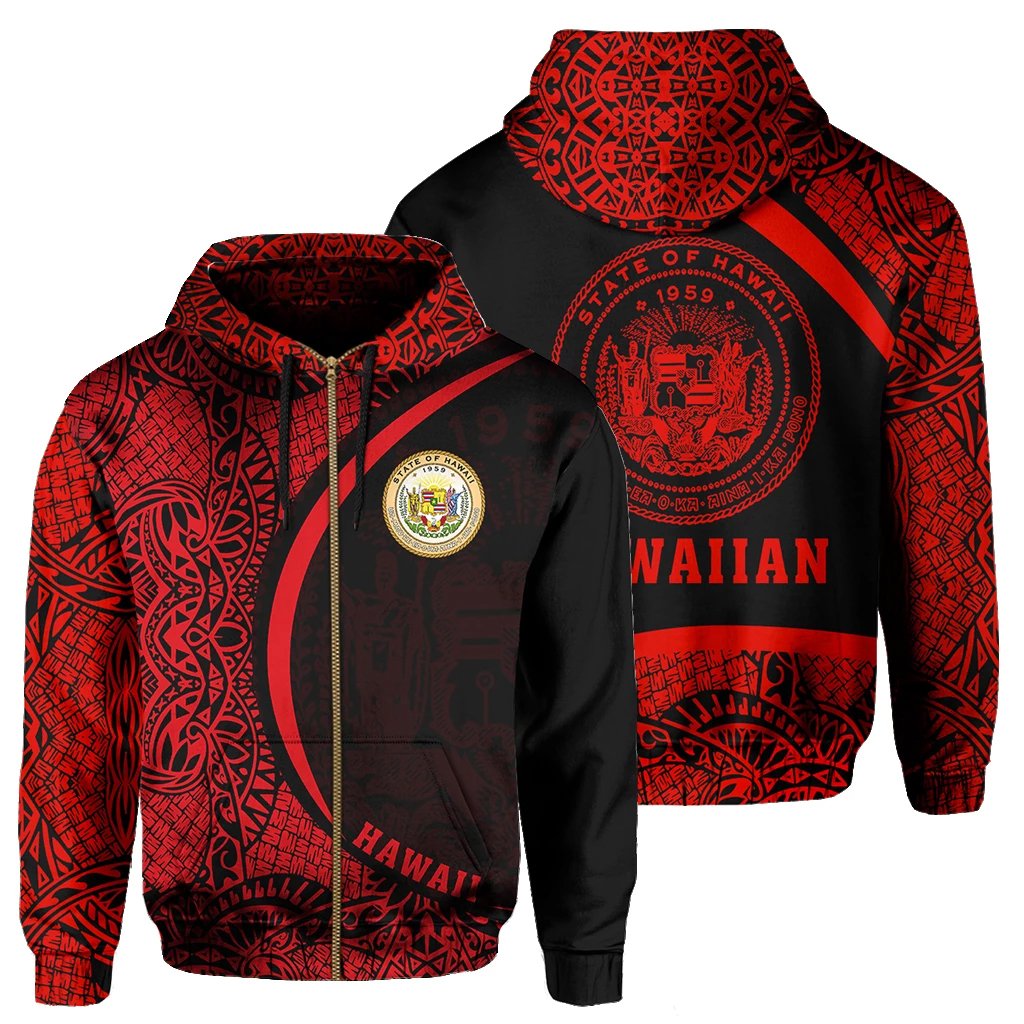 Hawaii Polynesian Zipper Hoodie Red Round Style Unisex Red - Polynesian Pride