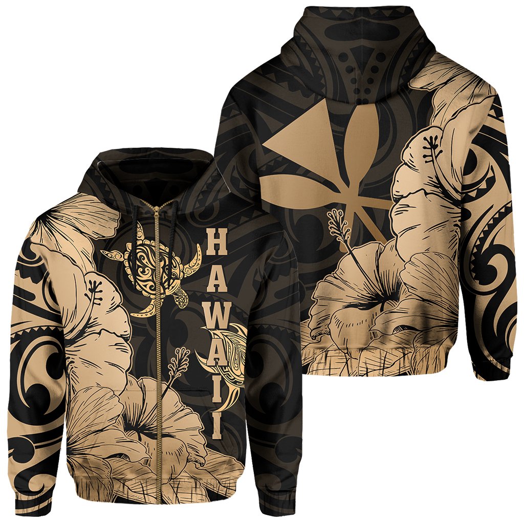 Hawaii Turtle Hoodie (Zipper) Polynesian Hibiscus Art Ver 2.0 Gold Unisex Gold - Polynesian Pride