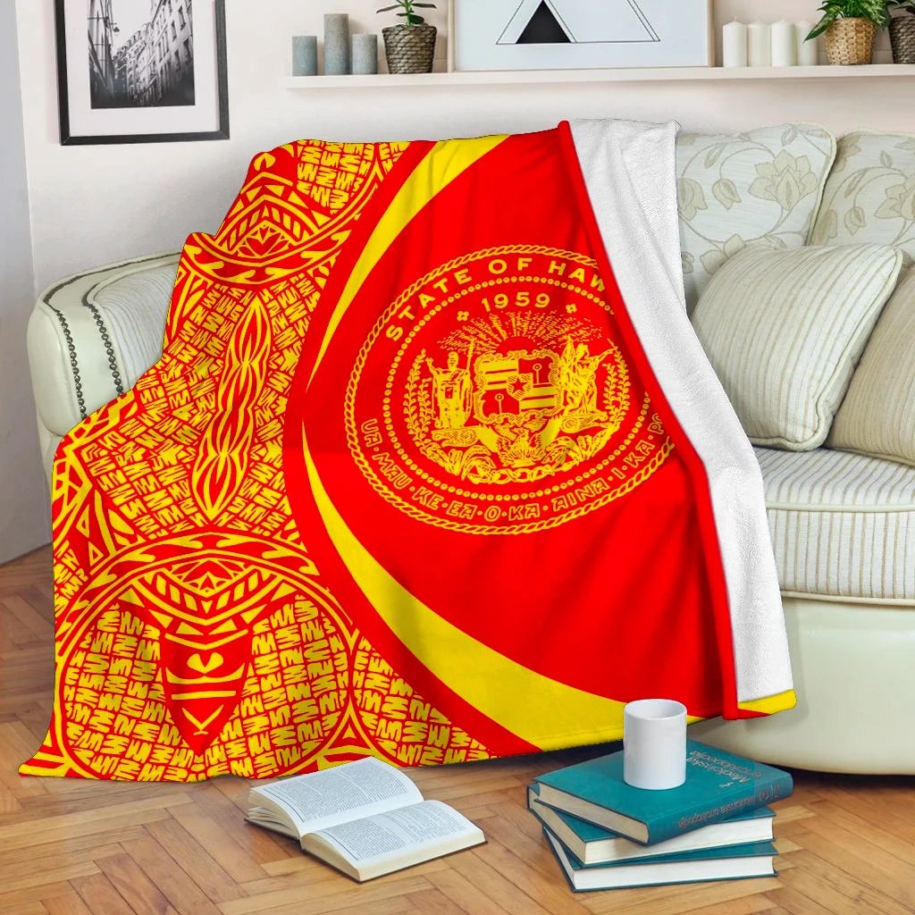 Hawaii Premium Blanket Coat Of Arms Polynesian - Circle Style Red And Yellow White - Polynesian Pride