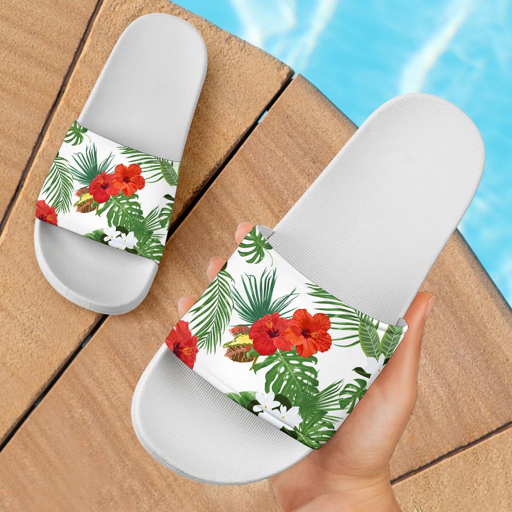 Hawaii Hibiscus Pattern White Slide Sandals White - Polynesian Pride