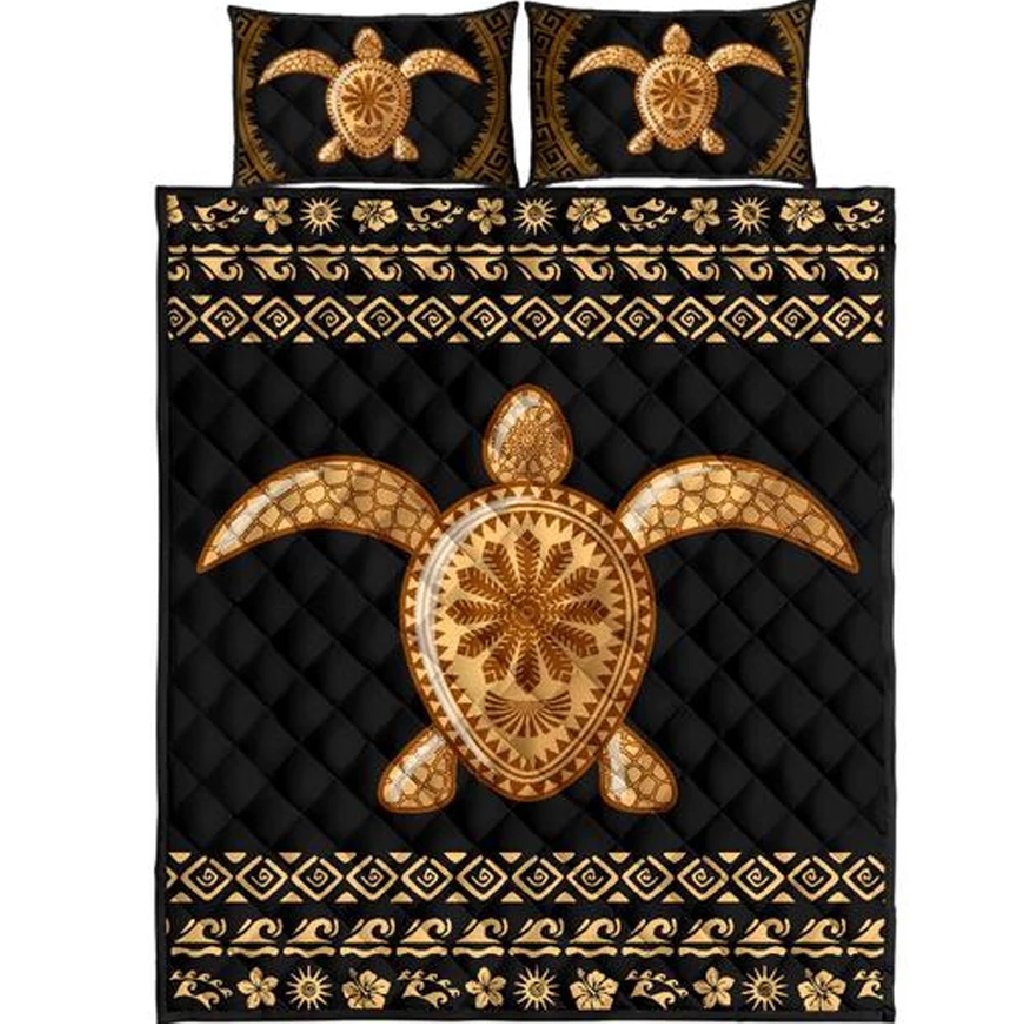 Hawaii Quilt Bed Set - Golden Turtle Quilt Bed Set Black - Polynesian Pride