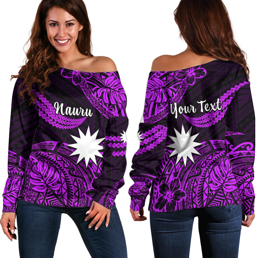 (Custom Personalised) Nauru Polynesian Hibiscus Naoero Purple Off Shoulder Sweater LT14 Women Purple - Polynesian Pride