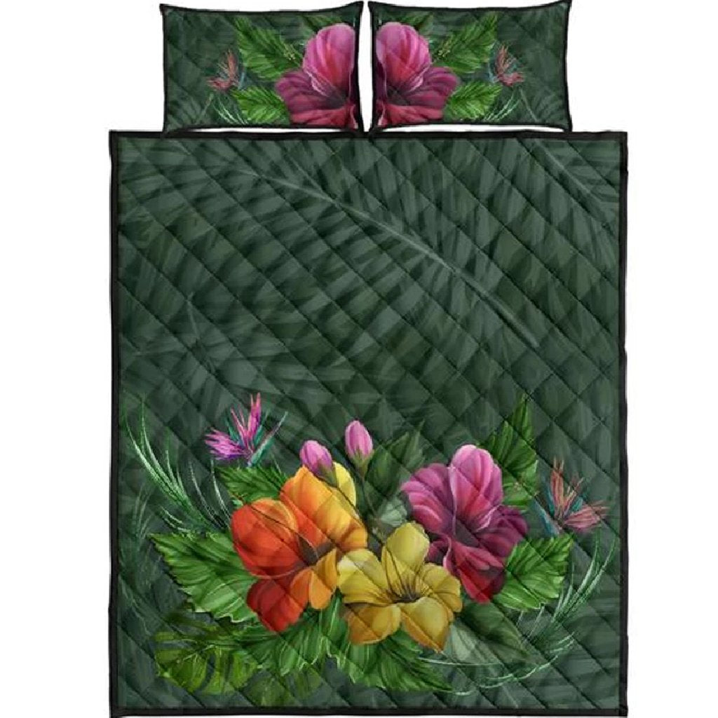 Colorful Hibiscus Quilt Bed Set Black - Polynesian Pride