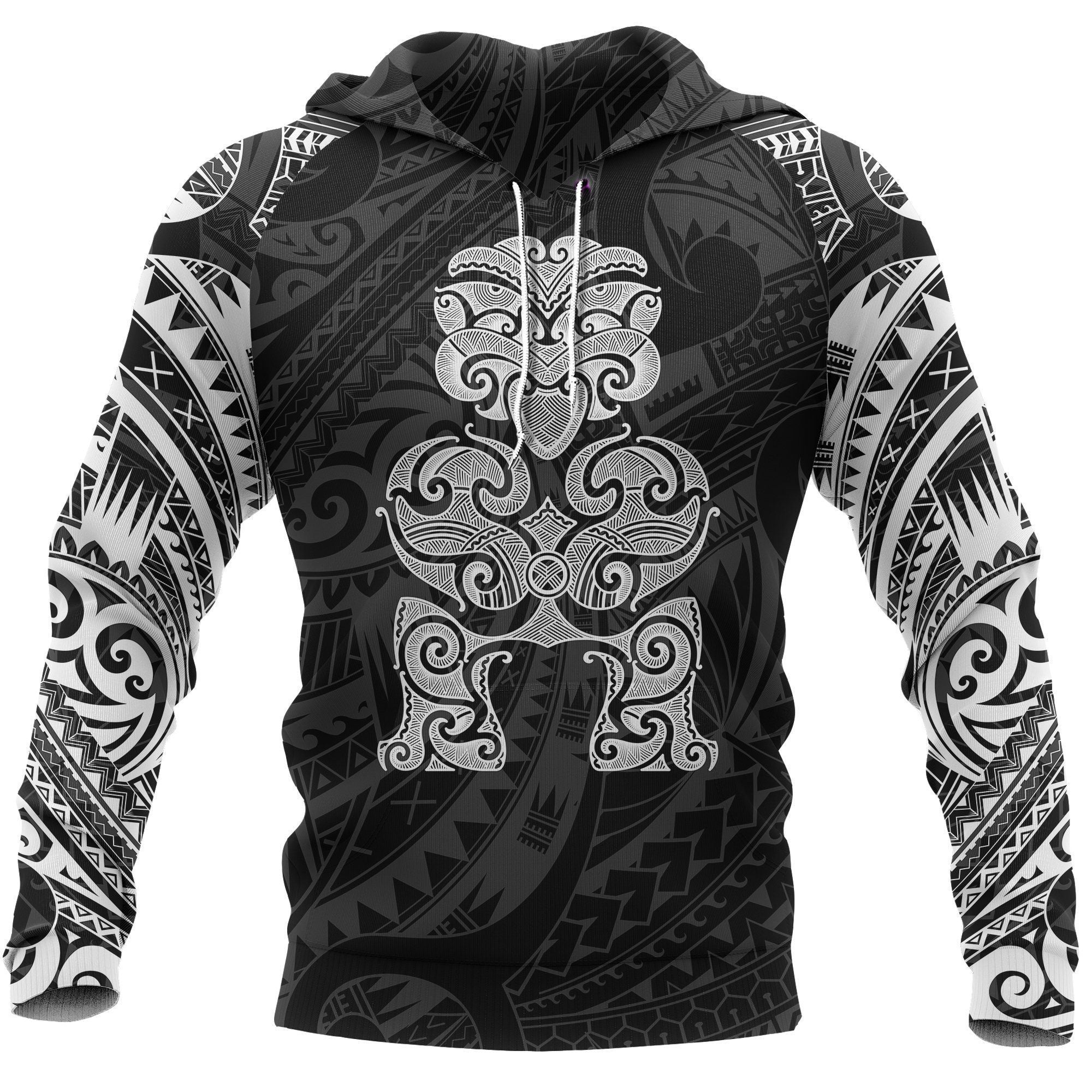 Tiki Maori Tattoo All Over Hoodie White Unisex White - Polynesian Pride