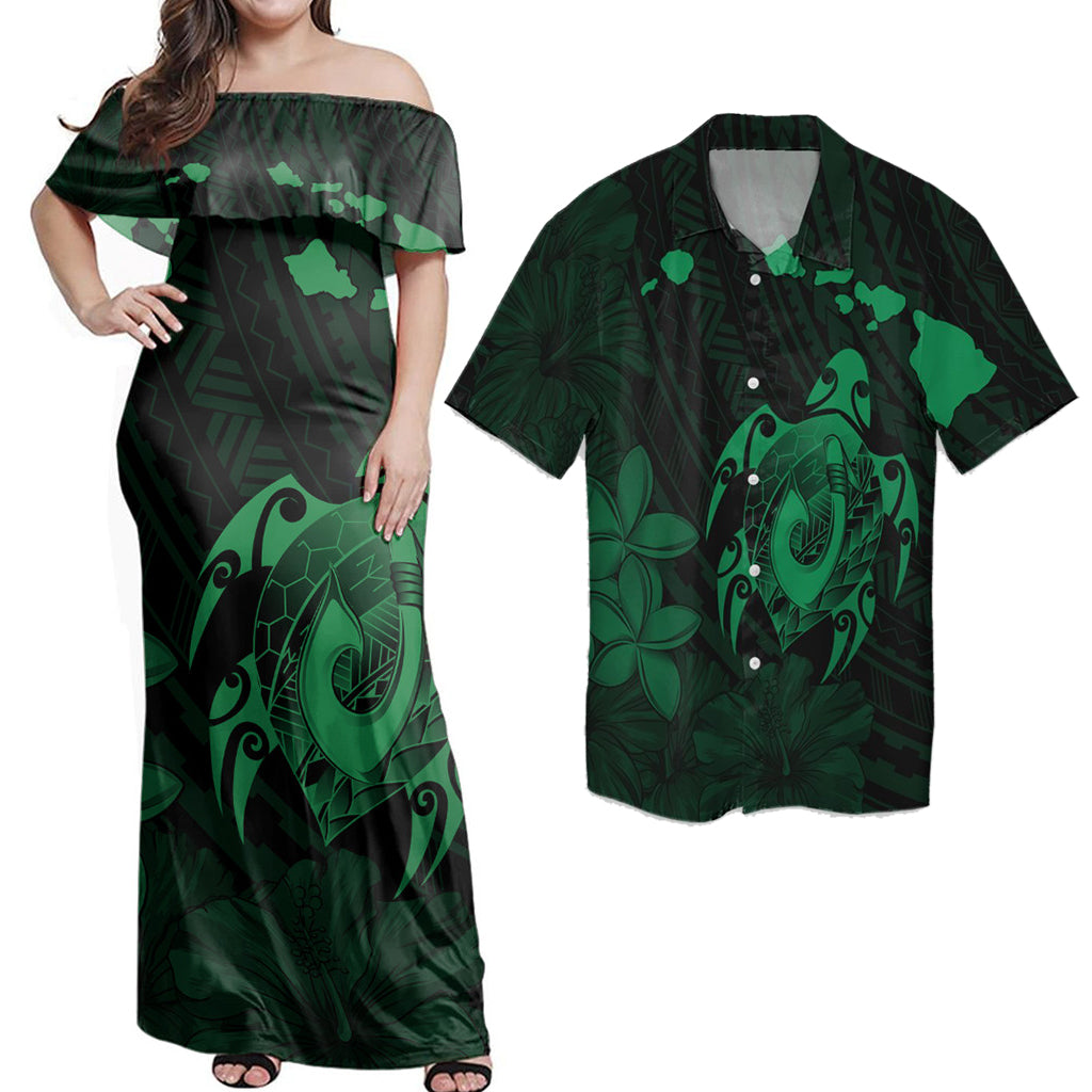 Hawaii Couple Outfits Matching Dress and Hawaiian Shirt Hawaii Map Turtle Plumeria Hibiscus Fish Hook Polynesian Green RLT14 - Polynesian Pride