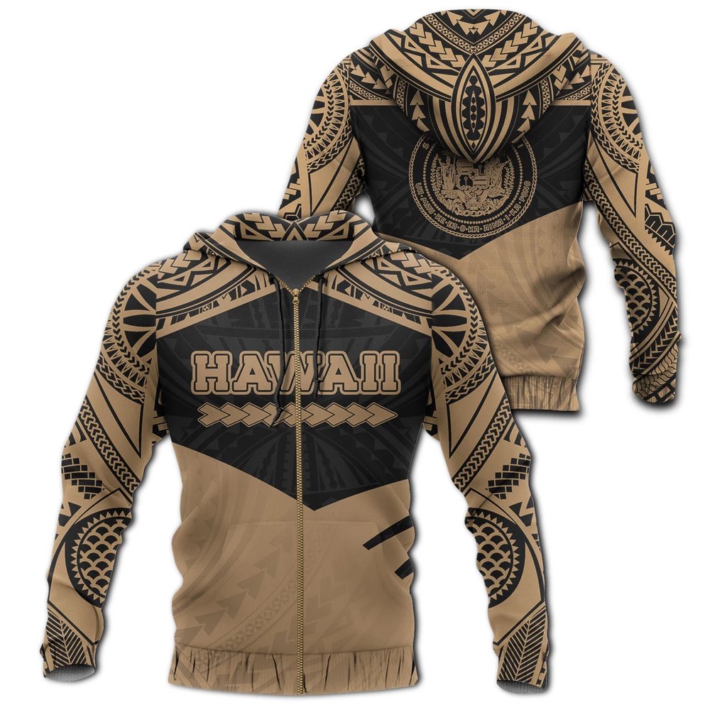 Hawaii Coat of Arms Zipper Hoodie Potent Style Unisex Gold - Polynesian Pride