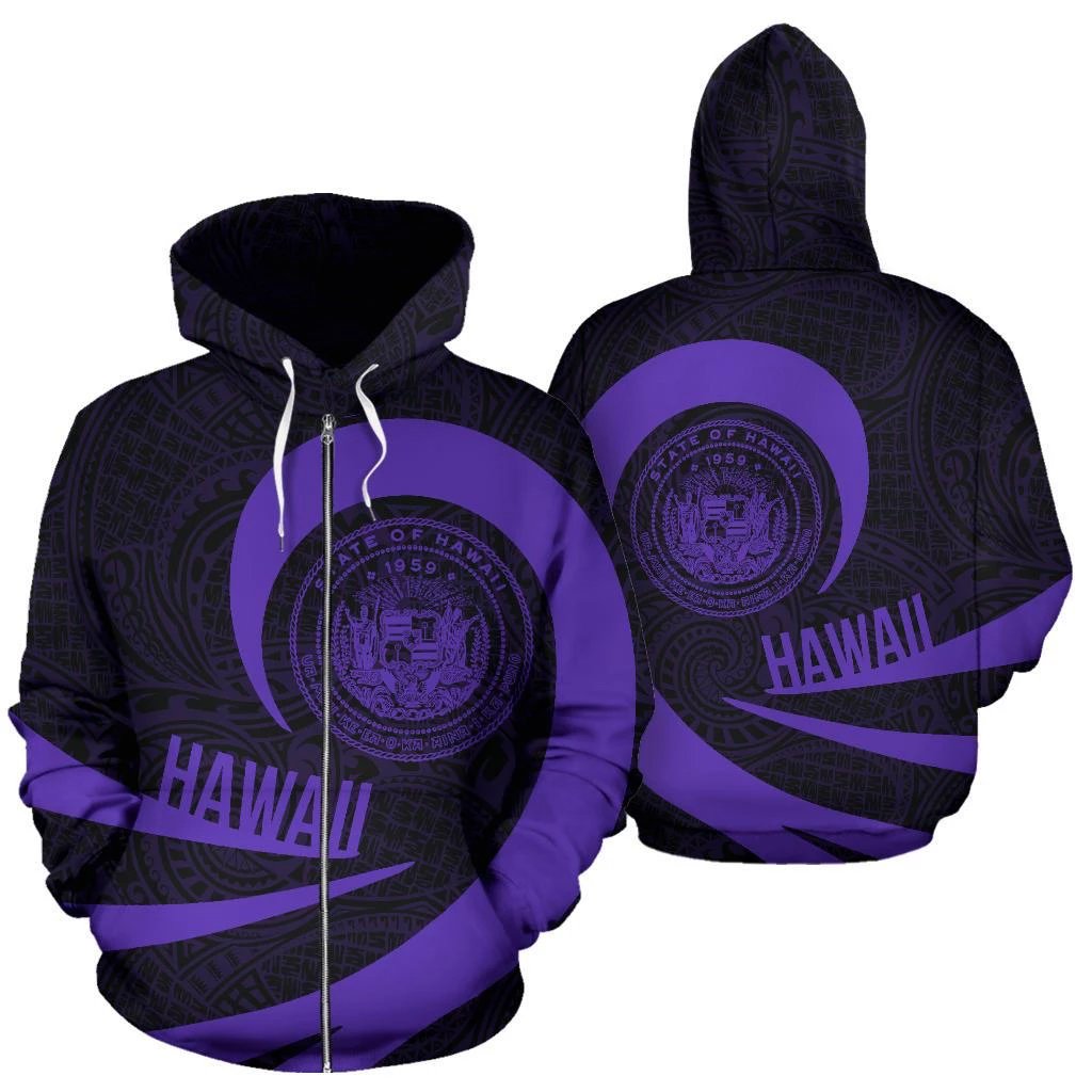 Hawaii Coat of Arms Roll In My Heart Zip up Hoodie Purple Unisex White - Polynesian Pride