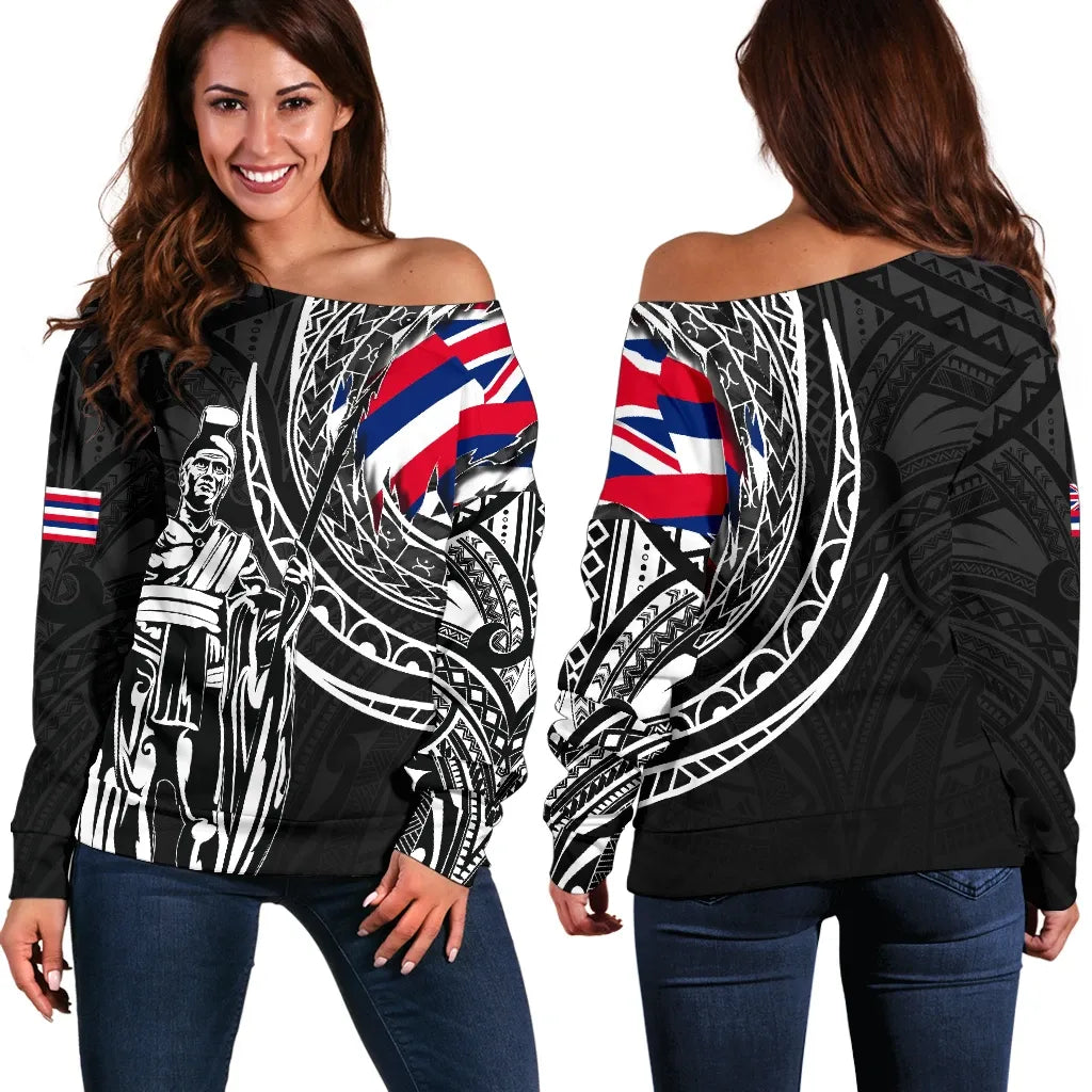 Polynesian Pride Sweater - Hawaii King Flag Polynesian Women's Off Shoulder Sweater - Tity Style - Polynesian Pride