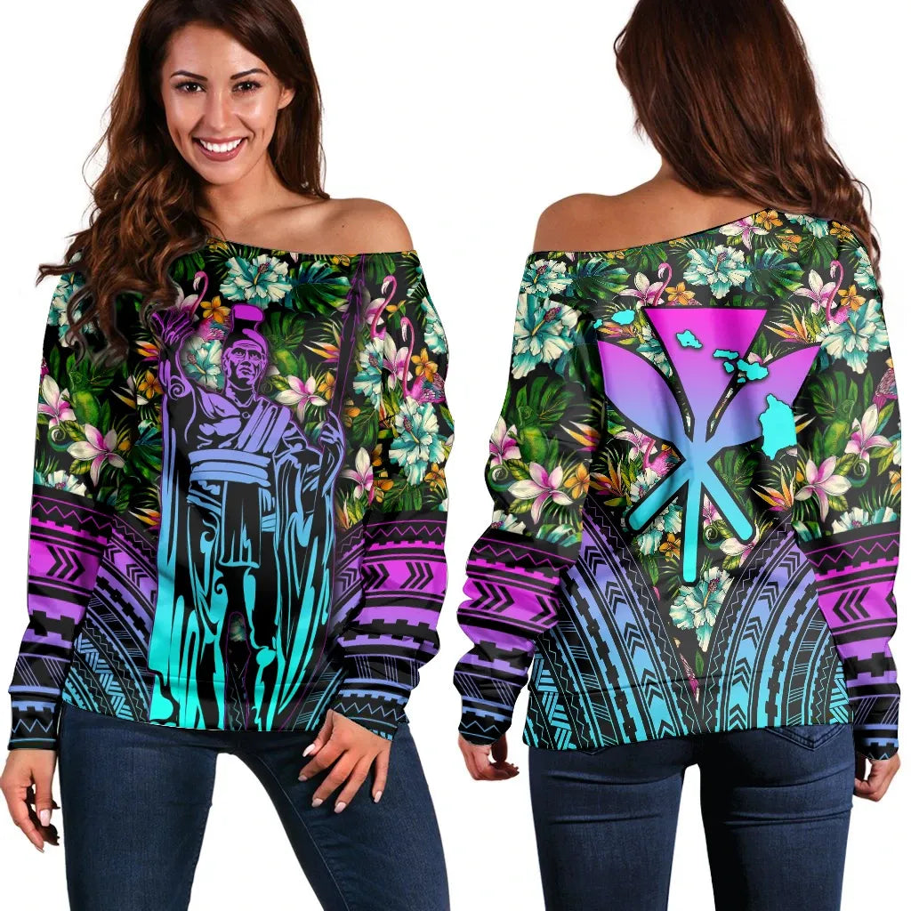 Polynesian Pride Sweater - Hawaii King Polynesian Tropical Women's Off Shoulder Sweater - Hors Style - Polynesian Pride