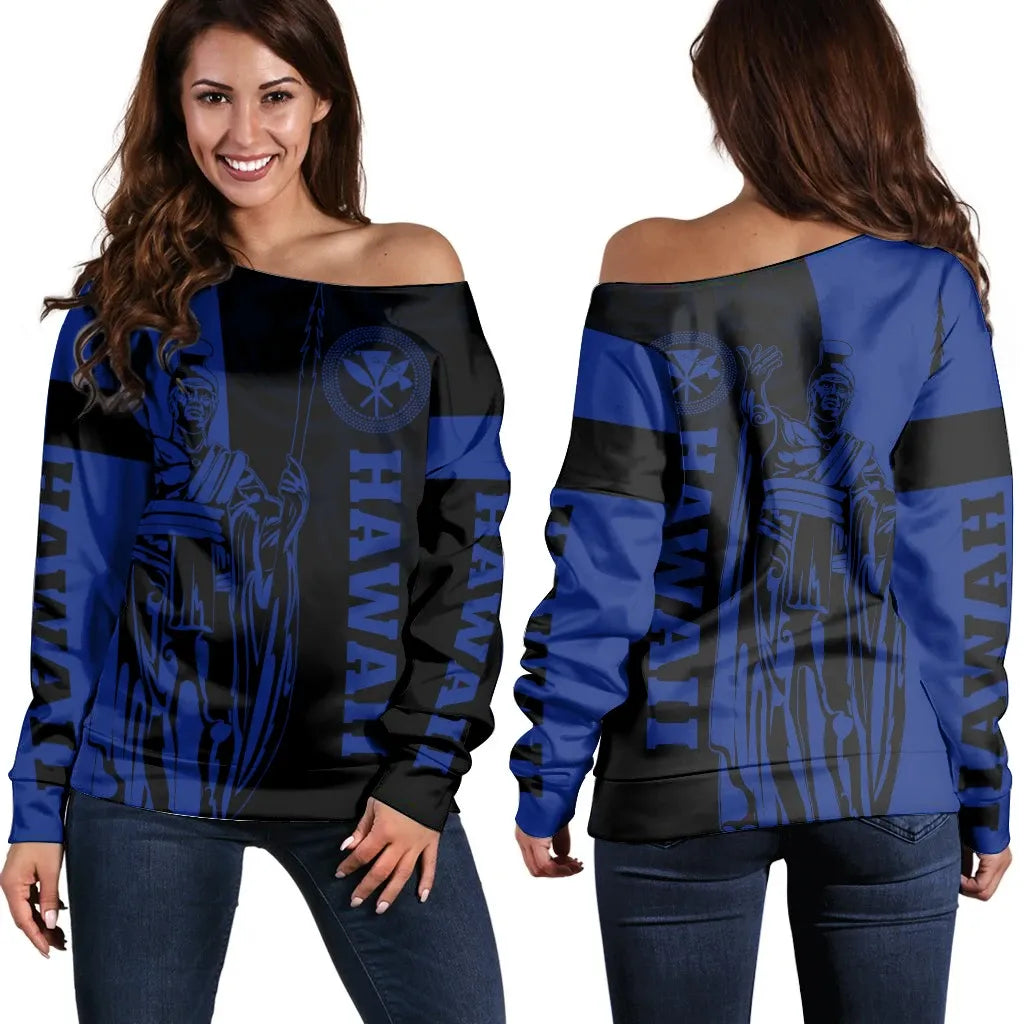 Polynesian Pride Sweater - Hawaii King Polynesian Women's Off Shoulder Sweater Blue - Lawla Style - Polynesian Pride