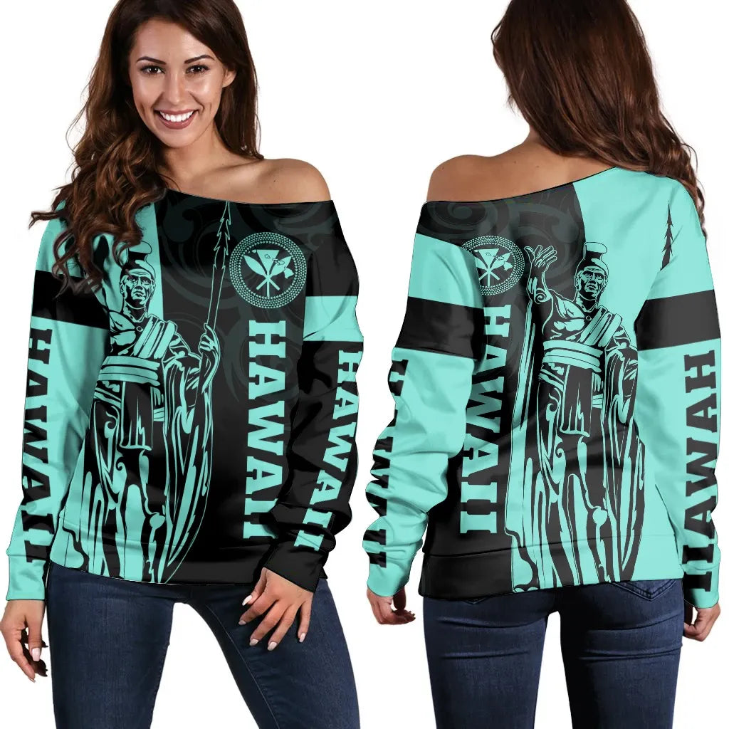 Polynesian Pride Sweater - Hawaii King Polynesian Women's Off Shoulder Sweater Turquoise - Lawla Style - Polynesian Pride