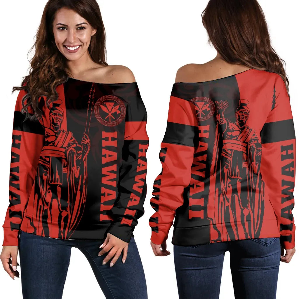 Polynesian Pride Sweater - Hawaii King Polynesian Women's Off Shoulder Sweater Red - Lawla Style - Polynesian Pride