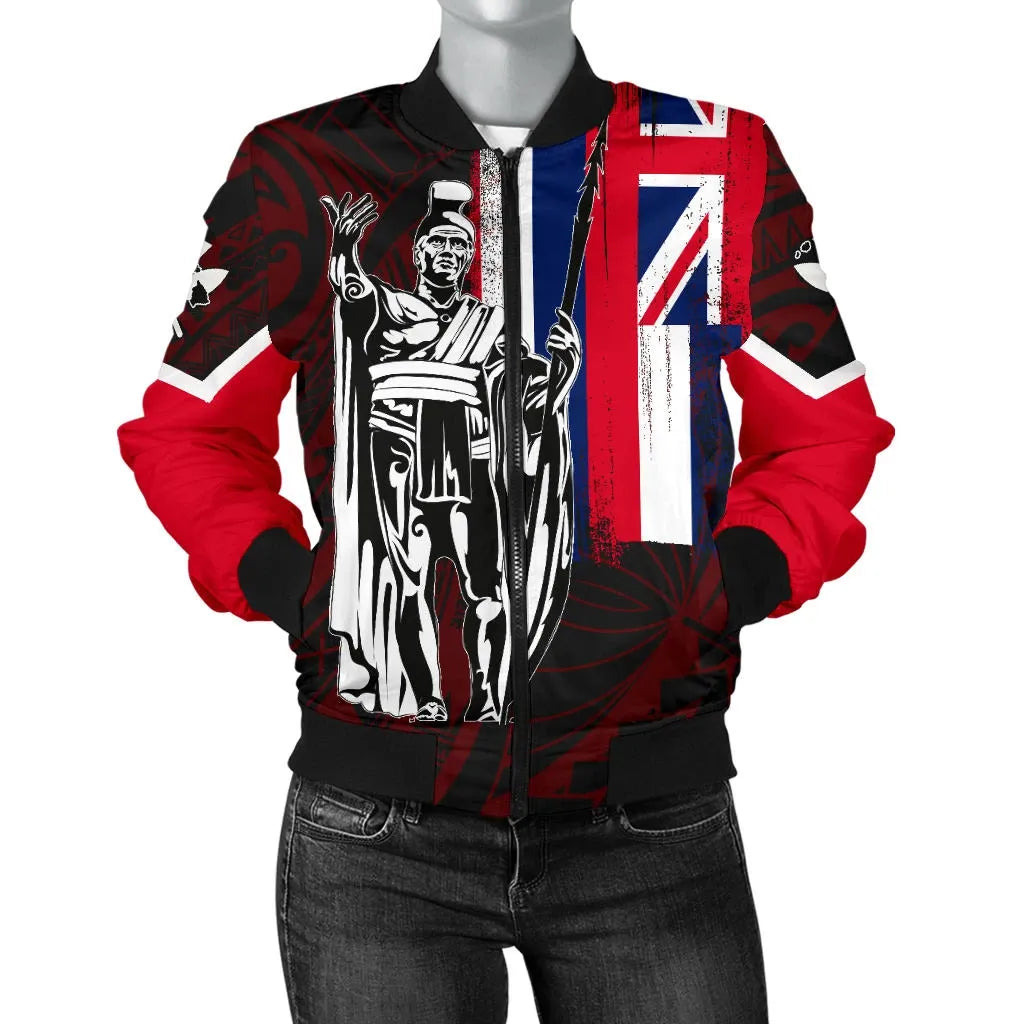 Polynesian Pride Jacket - Hawaii King Flag Polynesian Women's Bomber Jacket - Red - Polynesian Pride
