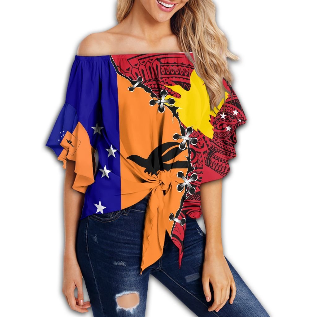 Polynesian Pride Clothing - New Ireland PNG Suture Style Women's Off Shoulder Wrap Waist Top Women Red - Polynesian Pride