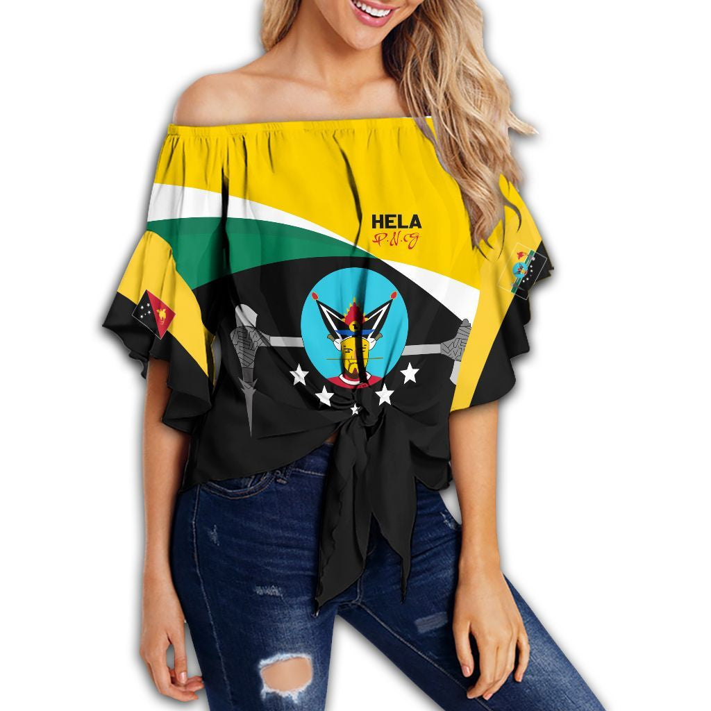 Polynesian Pride Clothing - Hela PNG Flag Style Women's Off Shoulder Wrap Waist Top Women Yellow - Polynesian Pride