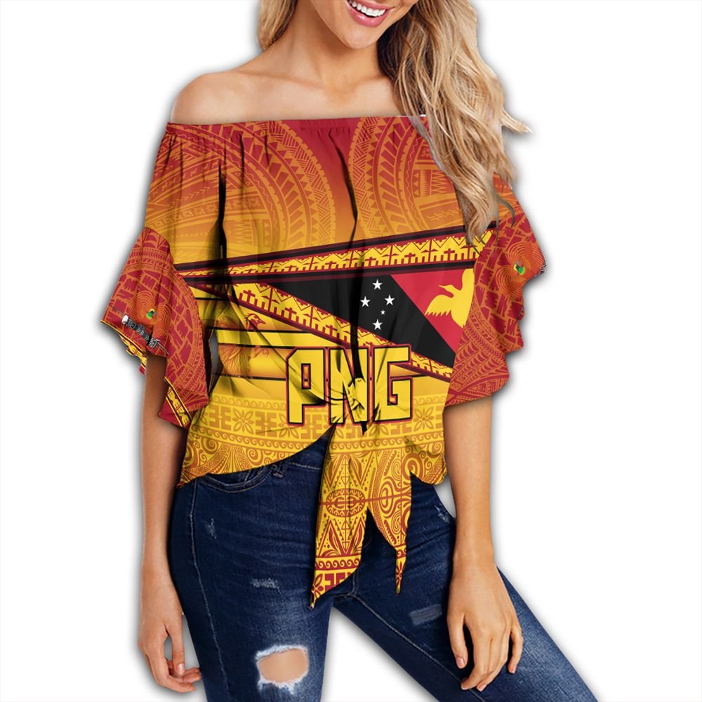 Polynesian Pride Clothing - Personalize Papua New Guinea Off Shoulder Wrap Waist Top Flag Tapa Pattern Stronic Style Women Red - Polynesian Pride