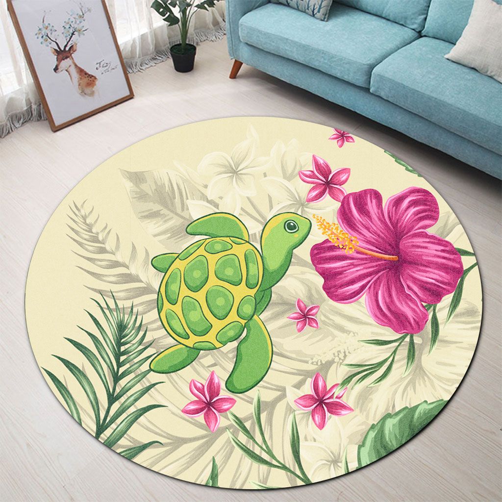 Polynesian Pride Home Set - Cute Turtle Hibiscus Round Carpet Round Carpet Beige - Polynesian Pride