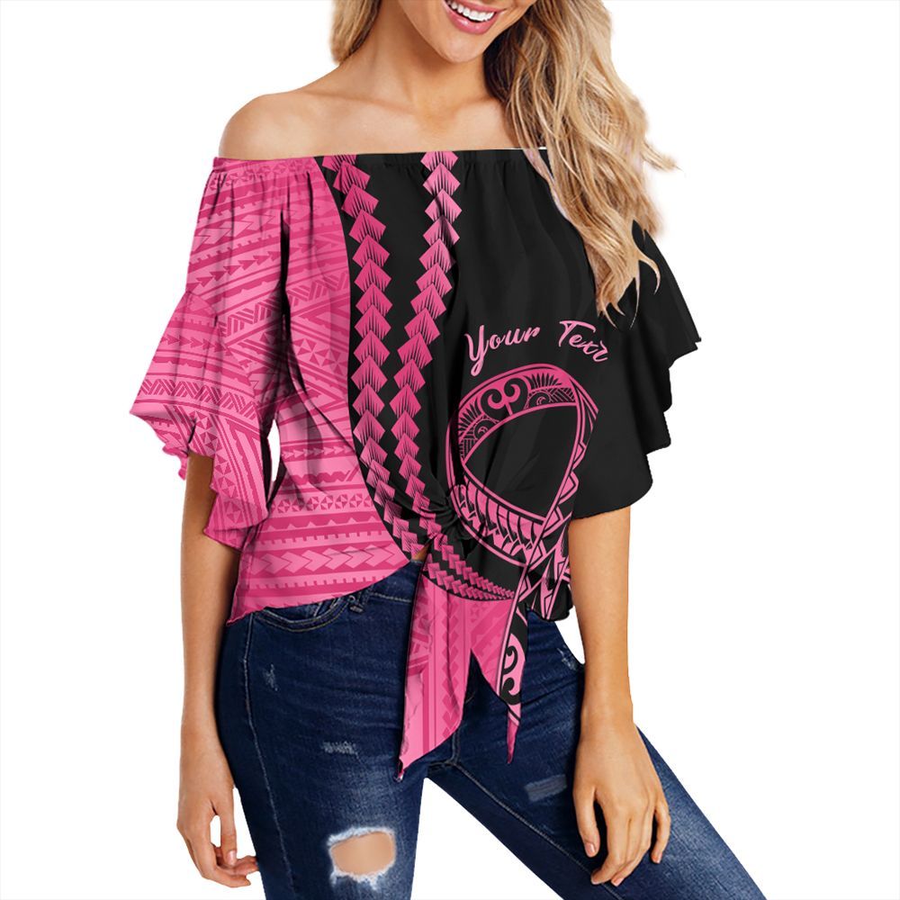 (Custom) Nesianwave Clothing - Pinktober Black Off Shoulder Wrap Waist Top Women Pink - Polynesian Pride