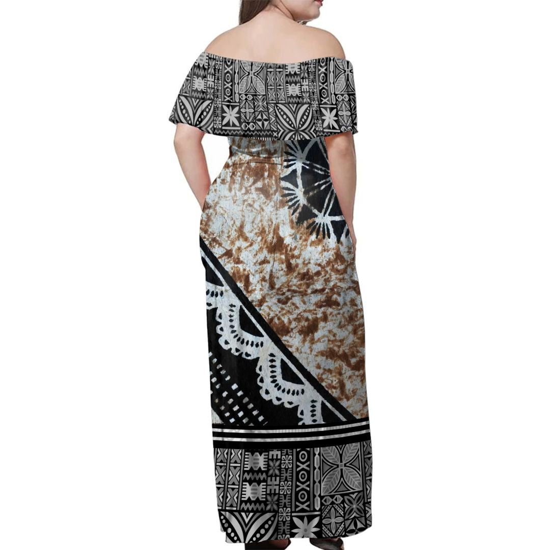 NE Fiji Bula Dress - Masi Brown Off Shoulder Long Dress - Polynesian Pride