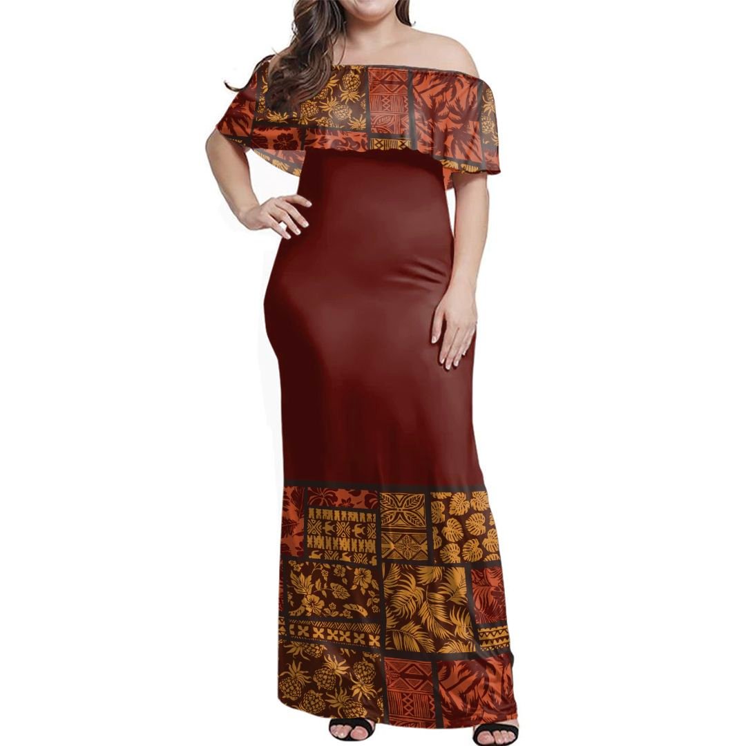 NE Fiji Bula Dress - Tapa Mix Off Shoulder Long Dress Long Dress Sangria - Polynesian Pride