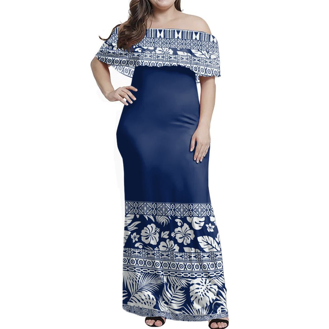NE Fiji Bula Dress - Tapa Lines Off Shoulder Long Dress Long Dress Blue - Polynesian Pride