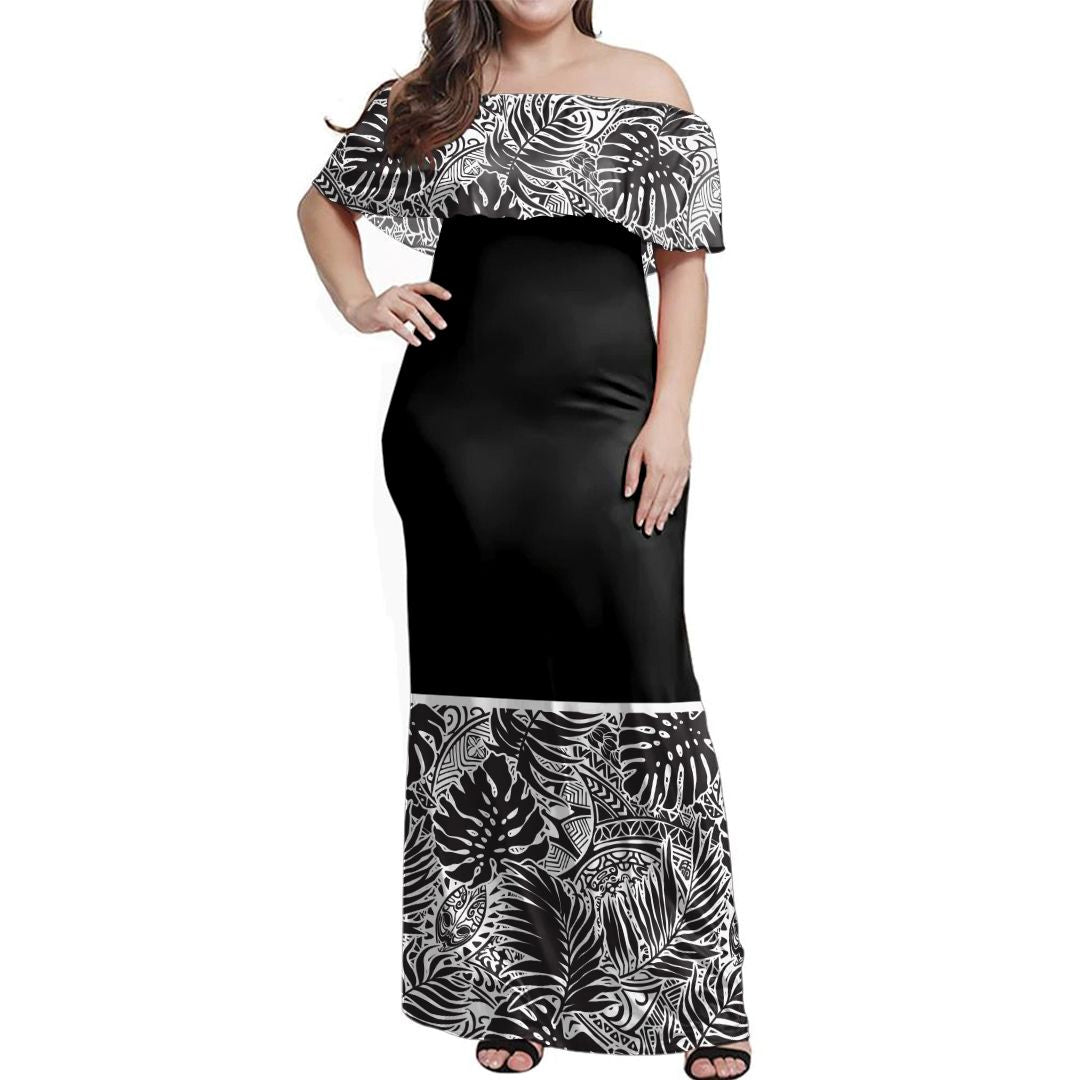 NE Fiji Bula Dress - Tribal Leaves Off Shoulder Long Dress Long Dress Black - Polynesian Pride