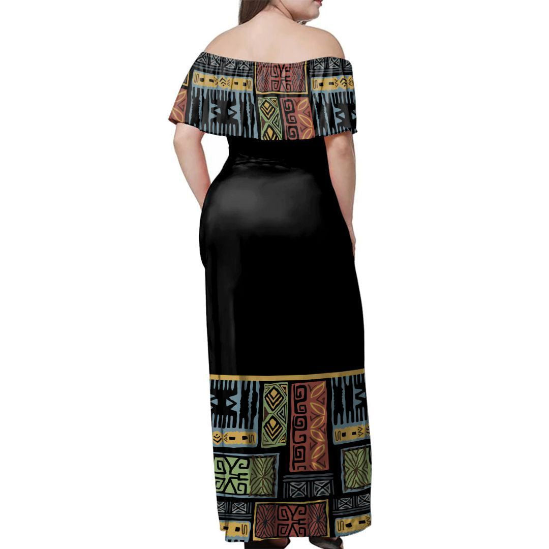 NE Fiji Bula Dress - Colorful Tapa Off Shoulder Long Dress - Polynesian Pride
