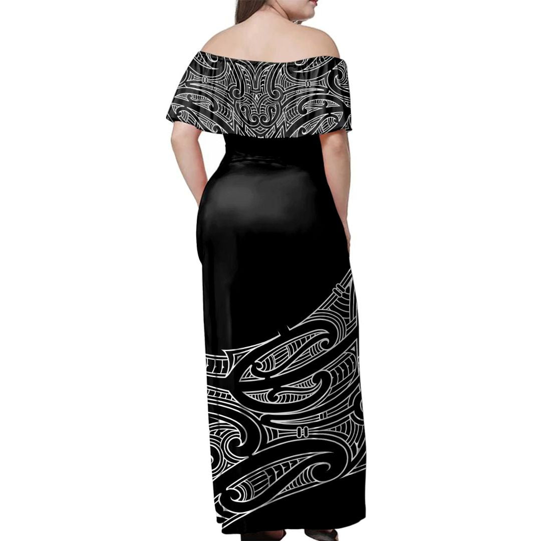 NE Maori Dress - Moko Curve Off Shoulder Long Dress - Polynesian Pride