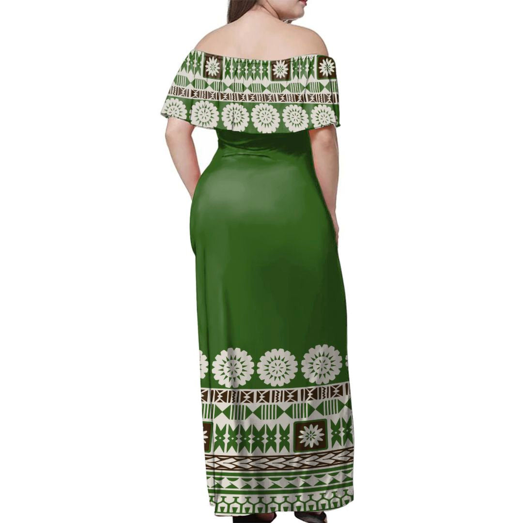 NE Fiji Bula Dress - Tapa Green Off Shoulder Long Dress - Polynesian Pride