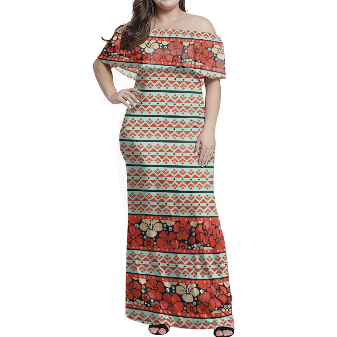 Polynesian Pride Dress - Reddie Hibiscus Lines Off Shoulder Long Dress Long Dress Red - Polynesian Pride